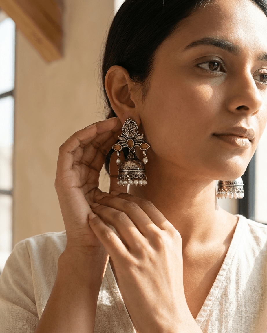 Amber Pearl Jhumka Earrings - LozziAmber Pearl Jhumka EarringsEarrings