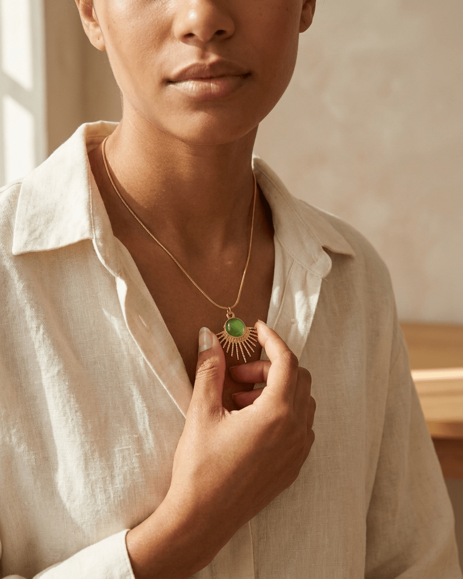 Aura Sunburst Pendant Necklace – Gold & Green Jade - LozziAura Sunburst Pendant Necklace – Gold & Green Jade