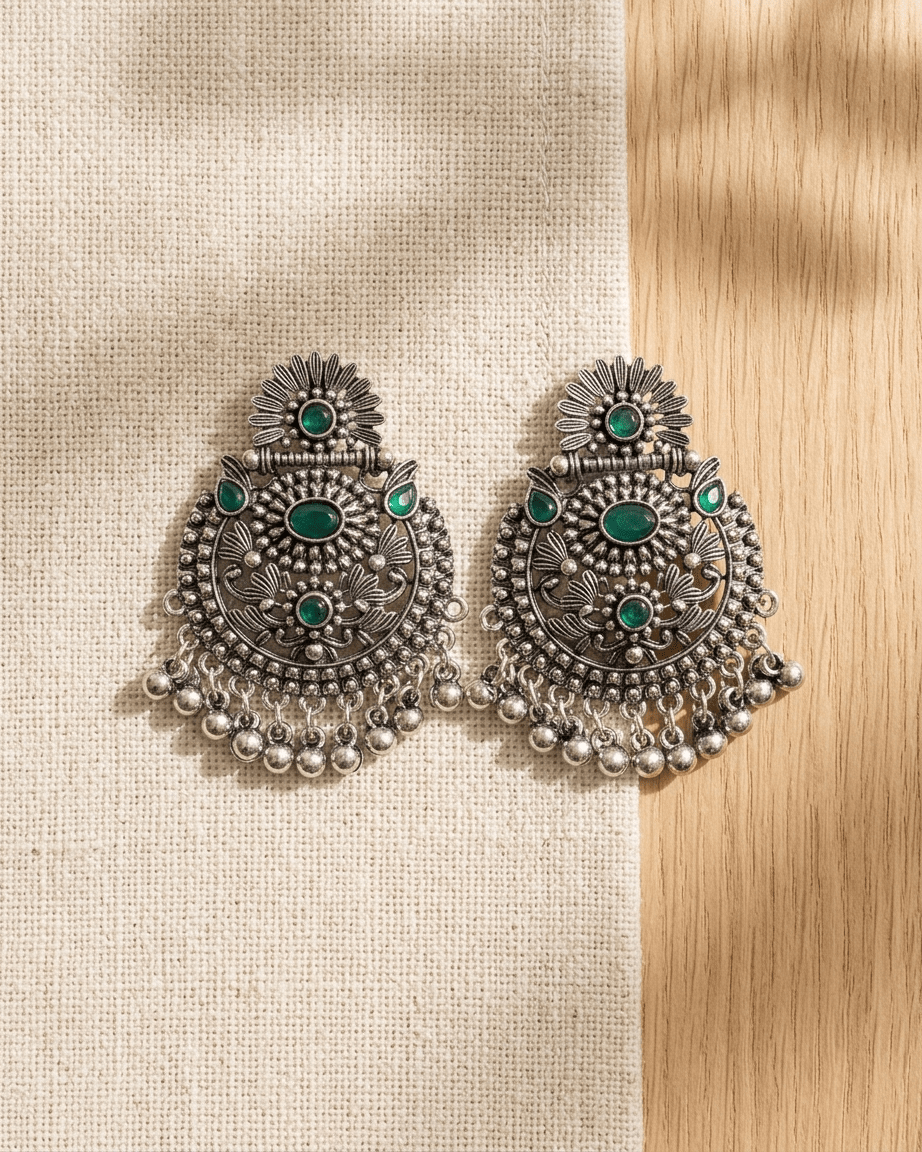 Emerald Oxidized Chandbali Earrings - LozziEmerald Oxidized Chandbali EarringsEarrings