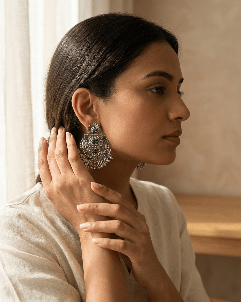 Emerald Oxidized Chandbali Earrings - LozziEmerald Oxidized Chandbali EarringsEarrings