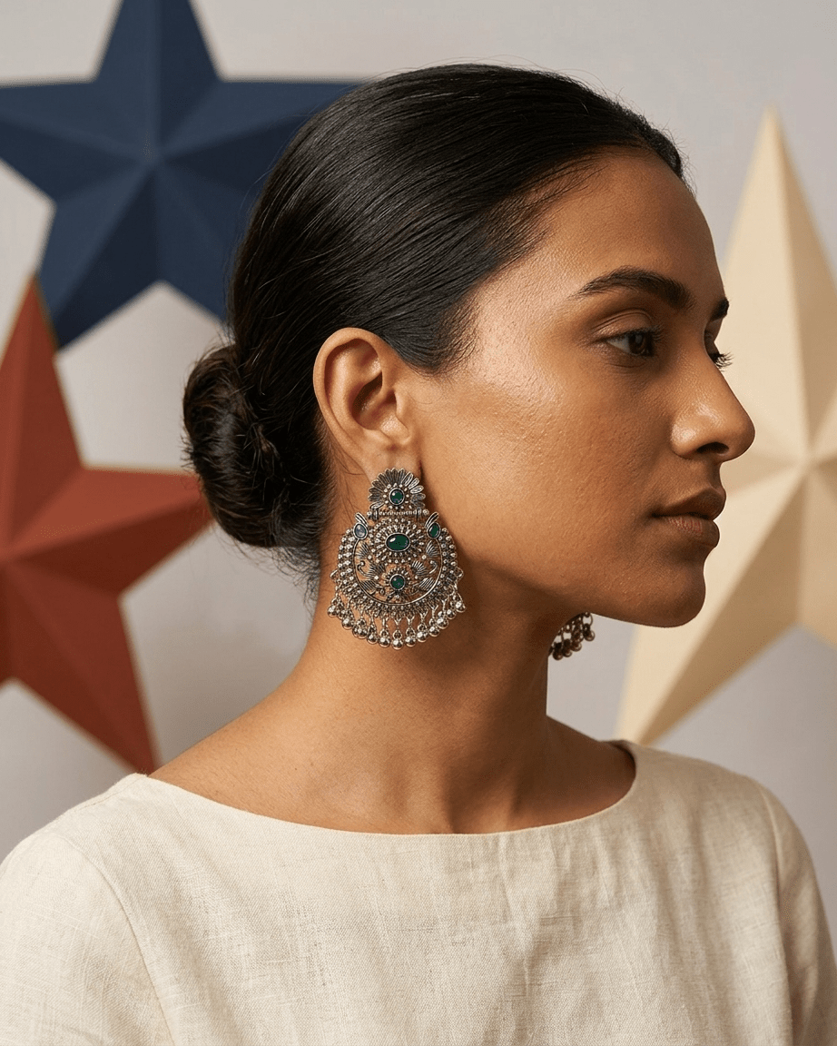 Emerald Oxidized Chandbali Earrings - LozziEmerald Oxidized Chandbali EarringsEarrings