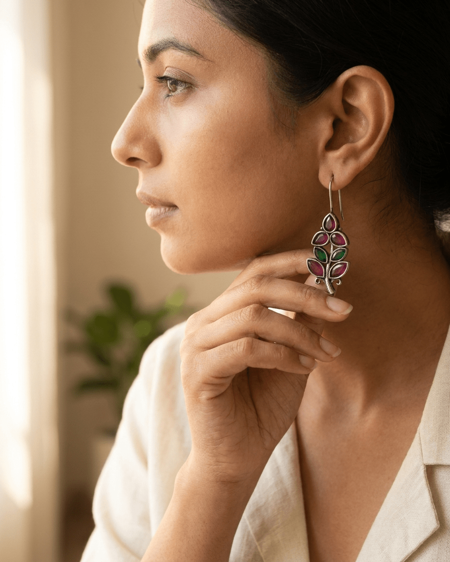 Leaf Design Ruby & Emerald Stone Earrings - LozziLeaf Design Ruby & Emerald Stone EarringsEarrings