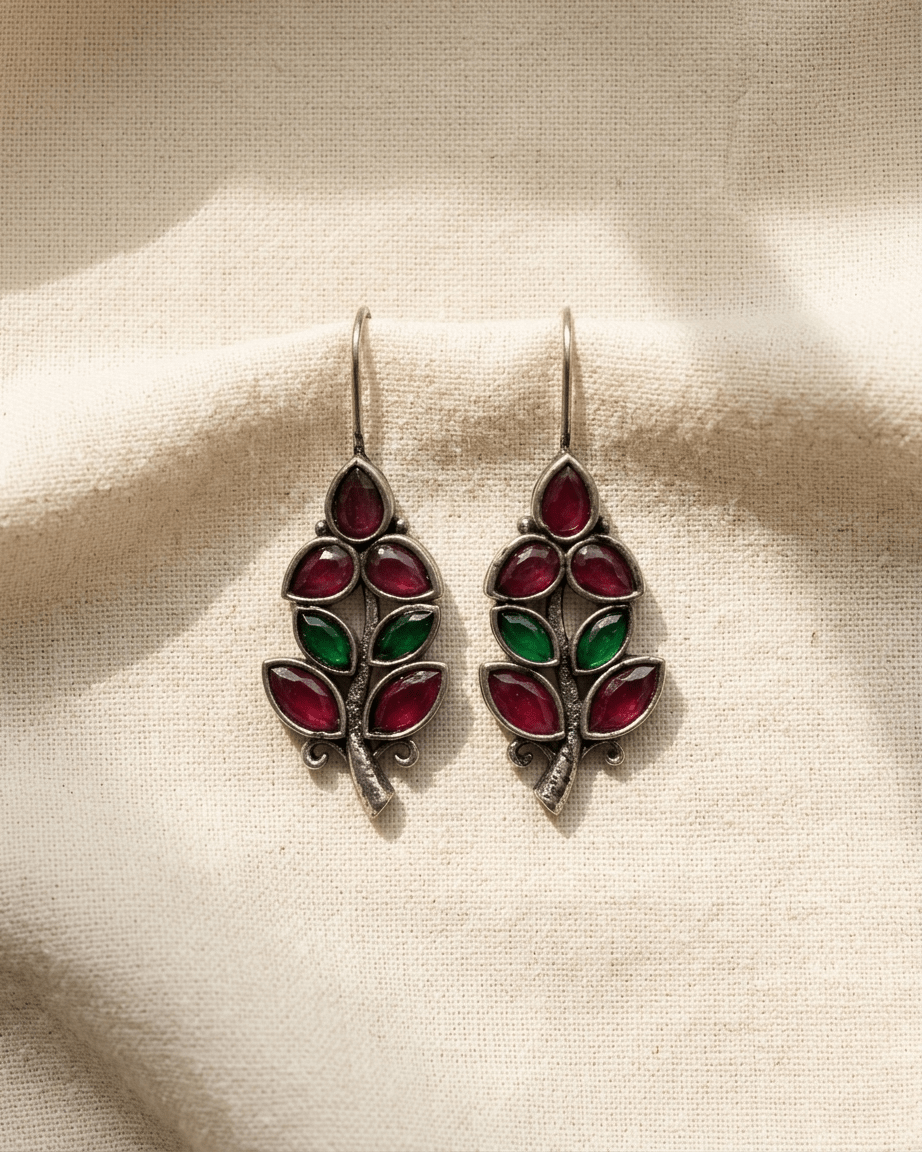 Leaf Design Ruby & Emerald Stone Earrings - LozziLeaf Design Ruby & Emerald Stone EarringsEarrings
