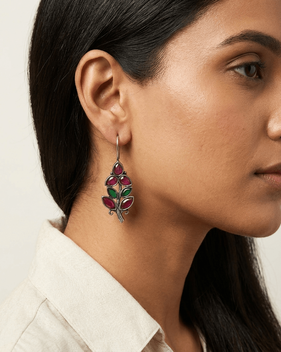 Leaf Design Ruby & Emerald Stone Earrings - LozziLeaf Design Ruby & Emerald Stone EarringsEarrings
