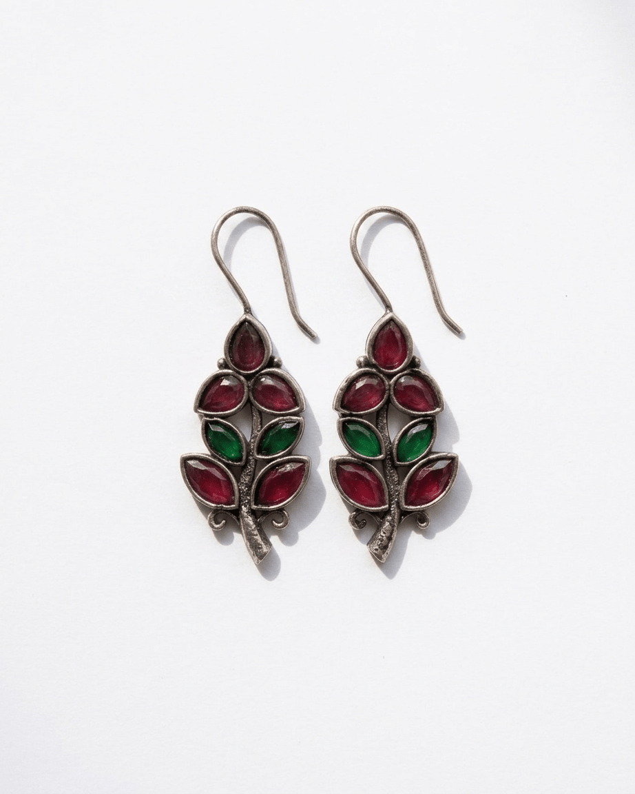 Leaf Design Ruby & Emerald Stone Earrings - LozziLeaf Design Ruby & Emerald Stone EarringsEarrings