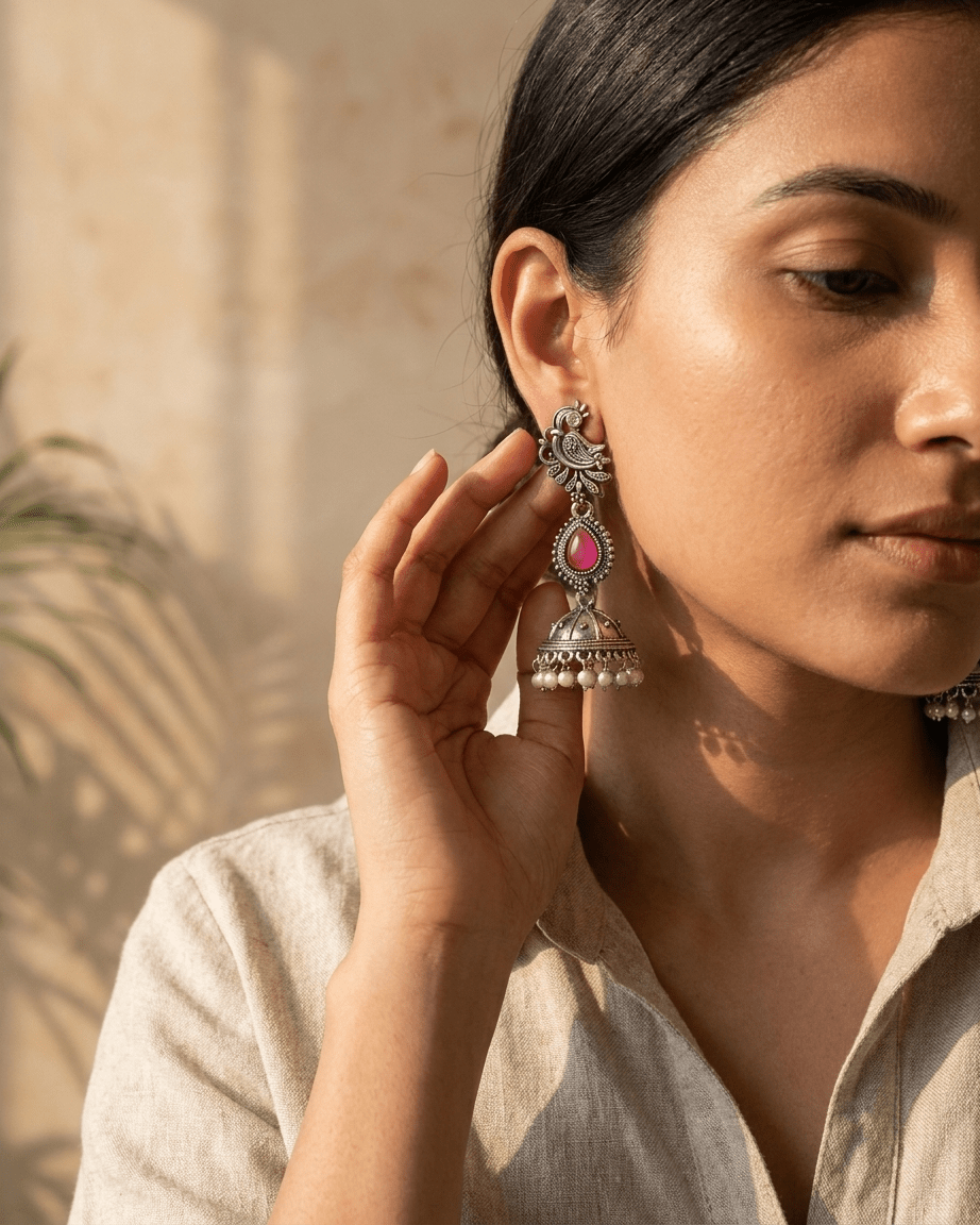 Oxidized Peacock Pearl Jhumka Earrings - LozziOxidized Peacock Pearl Jhumka EarringsEarrings