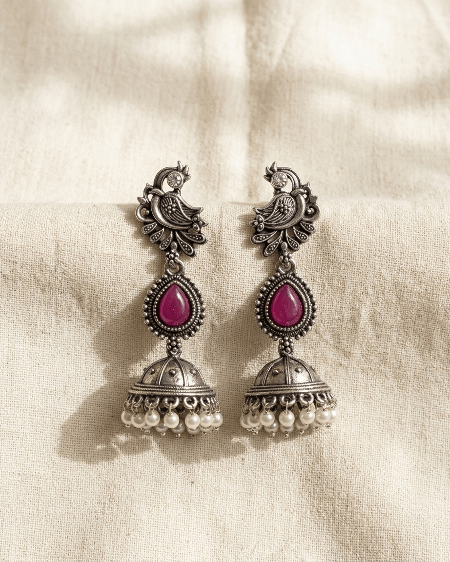 Oxidized Peacock Pearl Jhumka Earrings - LozziOxidized Peacock Pearl Jhumka EarringsEarrings