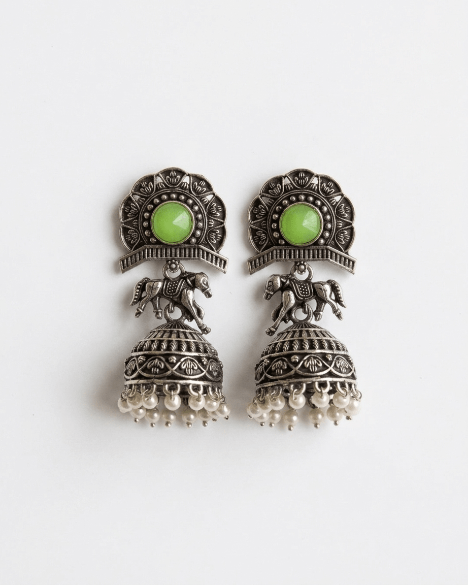 Oxidized Silver Green Stone Jhumka Earrings - LozziOxidized Silver Green Stone Jhumka EarringsEarrings