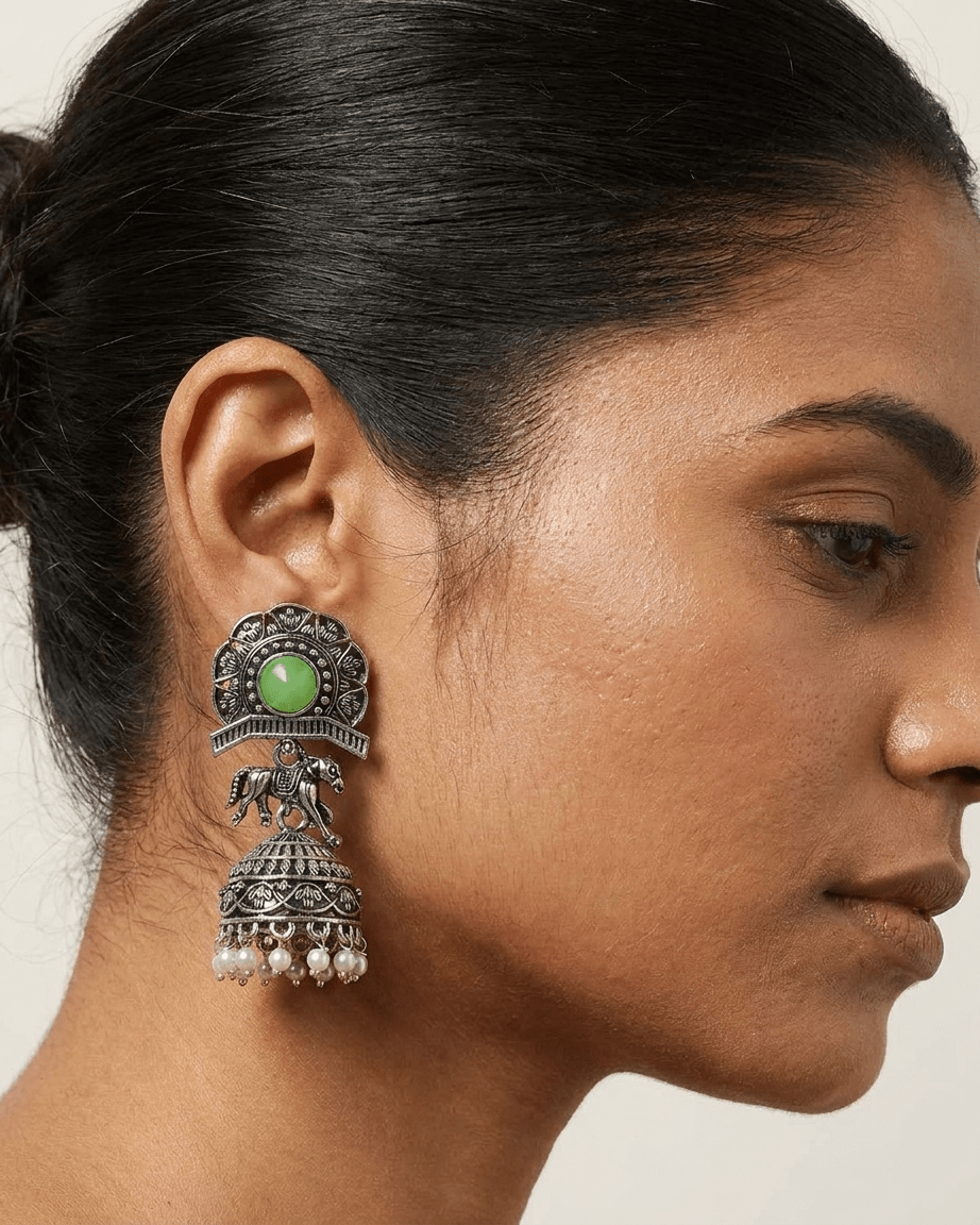 Oxidized Silver Green Stone Jhumka Earrings - LozziOxidized Silver Green Stone Jhumka EarringsEarrings