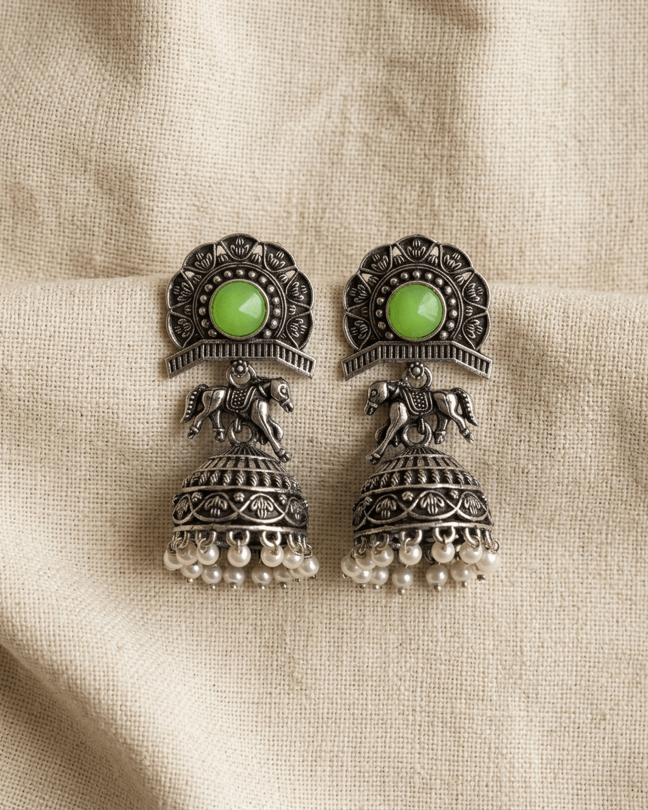 Oxidized Silver Green Stone Jhumka Earrings - LozziOxidized Silver Green Stone Jhumka EarringsEarrings